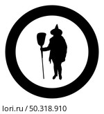 Fairy Wizard Witch holding broom Subject for Halloween concept silhouette in circle round black color vector illustration solid outline style simple image. Fairy Wizard Witch standing with broom Subject for Halloween concept silhouette in circle round black color vector illustration solid outline style image. Стоковая иллюстрация, агентство Ingram Publishing / Фотобанк Лори