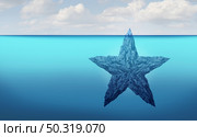 Hidden talent discovery concept as a star shaped iceberg floating in cold arctic ocean water with a small part of the frozen ice mountain above sea and other huge part under the water as a 3D render. Стоковое фото, агентство Ingram Publishing / Фотобанк Лори