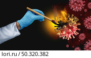 Virus doctor and virology research concept as a science symbol of a researcher burning a contagious viral cell  as a public health symbol for controlling a pandemic outbreak or epidemic with 3D illustration elements. Стоковое фото, агентство Ingram Publishing / Фотобанк Лори