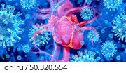 Viral myocarditis or virus infection of the human heart resulting in inflammation  of the cardiac circulatory organ with 3D illustration elements. Стоковое фото, агентство Ingram Publishing / Фотобанк Лори