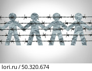 Immigration social issue as a symbol for migration laws and refugees as barbed wire with paper cut people icons behind a border fence representing challenges of entering a country and becoming a citizen in a 3D illustration style. Стоковое фото, агентство Ingram Publishing / Фотобанк Лори