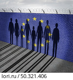 European Union immigration and Europe refugee migrant crisis concept as people on a border wall with an EU flag as a social issue about refugees or immigrants a group of migrating women men and children with 3D render elements. Стоковое фото, агентство Ingram Publishing / Фотобанк Лори