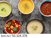 flat lay homemade soups assortment. Стоковое фото, агентство Ingram Publishing / Фотобанк Лори