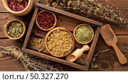 natural various herbs wooden box. High resolution photo. natural various herbs wooden box. High quality photo. Стоковое фото, агентство Ingram Publishing / Фотобанк Лори