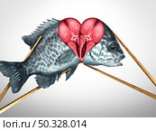 Sushi love concept and fresh fish Dinner for two dining and romantic date symbol as a couple of chopsticks holding seafood with a heart shape with 3D illustration elements. Стоковое фото, агентство Ingram Publishing / Фотобанк Лори