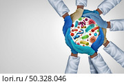 Containing disease team and containment of infectious germs and contagious virus as a united health system and essential hospital workers as a group of doctors and nurses joining together unified with 3D illustration elements. Стоковое фото, агентство Ingram Publishing / Фотобанк Лори