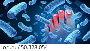 Foot bacteria disease causing a smelly odor as a human body showing toes with bacterial infection danger as a symbol of skin illness as a podiatry or podiatric medicine concept on a blue background with 3D illustration elements. Стоковое фото, агентство Ingram Publishing / Фотобанк Лори