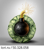 Hyperinflation economics and global inflation concept or overvalued economy as a financial crisis and inflated prices as a finance risk to investors and speculative valuation ready to explode as an exploding bomb as a 3D Illustration. Стоковое фото, агентство Ingram Publishing / Фотобанк Лори