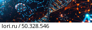 A digital illustration of a DNA structure with luminescent connections against a dark backdrop, symbolizing advanced genomics and biotechnology. Стоковое AI-изображение, AI-художник Данила Большаков / Фотобанк Лори