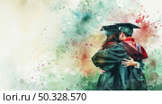 A painting depicting a woman lovingly embracing a man dressed in a graduation gown. Стоковое AI-изображение, AI-художник Данила Большаков / Фотобанк Лори
