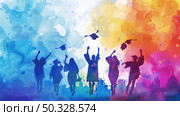 Silhouetted figures of graduates throwing their caps in the air, celebrating against a vibrant, multicolored watercolor backdrop. Стоковое AI-изображение, AI-художник Данила Большаков / Фотобанк Лори