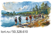 Watercolor painting of group of people walking along the shore of a serene lake, enjoying the scenic views and the company of one another. Стоковое AI-изображение, AI-художник Данила Большаков / Фотобанк Лори