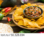plate nachos with salsa dip. High resolution photo. plate nachos with salsa dip. High quality photo. Стоковое фото, агентство Ingram Publishing / Фотобанк Лори
