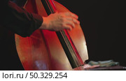 The musician's hand gently pulls strings of double bass, illuminated by warm, bright light. The background gently fades into darkness, emphasizing artistry of performance. Close-up. Slow motion. Стоковое видео, видеограф Воловодов Владимир / Фотобанк Лори