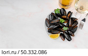 fresh mussels dish with copy space. High resolution photo. fresh mussels dish with copy space. High quality photo. Стоковое фото, агентство Ingram Publishing / Фотобанк Лори