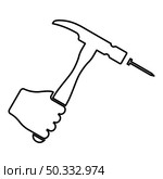 Hammer hits nail in hand claw holding Fixing and repairing working tools contour outline icon black color vector illustration flat style simple image. Hammer hits nail in hand claw holding Fixing and repairing working tools contour outline icon black color vector illustration flat style image. Стоковая иллюстрация, агентство Ingram Publishing / Фотобанк Лори