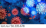 Mutating virus variant and cell mutation variants as a health risk concept and new coronavirus outbreak or covid-19 viral cells mutations and influenza background as a 3D render. Стоковое фото, агентство Ingram Publishing / Фотобанк Лори