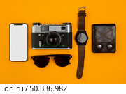 top view top important traveling tools. Стоковое фото, агентство Ingram Publishing / Фотобанк Лори
