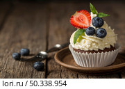 front view view tasty cupcake with strawberry blueberry. Стоковое фото, агентство Ingram Publishing / Фотобанк Лори