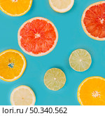 slice various citrus fruits blue surface. Стоковое фото, агентство Ingram Publishing / Фотобанк Лори