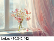 Soft Pastel Floral Arrangement in Glass Vase by Sunlit Window for Relaxed 90s Aesthetic. Стоковое AI-изображение, AI-художник Александра Конопля / Фотобанк Лори