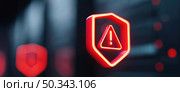 Cybersecurity warning icon with glowing red alert symbol in futuristic data environment, representing threat detection, risk, or system breach in digital networks. Стоковое AI-изображение, AI-художник Катерина Бондарец / Фотобанк Лори