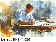 Focused architect drafts detailed plans on a drawing board surrounded by various design tools. Стоковое AI-изображение, AI-художник Данила Большаков / Фотобанк Лори