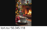 A warming mug of coffee near the fireplace in a cozy warm knitted plaid and Christmas decor. Cozy winter illustration, Christmas, New Year. AI generated. Стоковое AI-видео, аниматор Ольга Симонова / Фотобанк Лори
