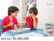 little twins discussing book. Стоковое фото, агентство Ingram Publishing / Фотобанк Лори