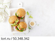 Chicken hamburgers, sandwich with chicken burger, cheese, tomato, cucumber, fresh lettuce, microgreen and ketchup on white background. Top view. Стоковое фото, агентство Ingram Publishing / Фотобанк Лори