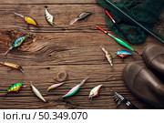 top view fishing essentials. Стоковое фото, агентство Ingram Publishing / Фотобанк Лори