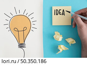 idea text written with felt pen crumpled ball paper with hand drawn light bulb. Стоковое фото, агентство Ingram Publishing / Фотобанк Лори