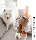 beautiful lovely dog woman. Стоковое фото, агентство Ingram Publishing / Фотобанк Лори