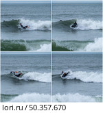 Bodyboarder performing a tube trick surfing ocean wavesurfing ocean wave on a cloudy winter day. Стоковое фото, агентство Ingram Publishing / Фотобанк Лори
