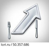 Restaurant price increase and rising costs of dining out at restaurants and surging food cost of groceries as an inflation crisis concept as a plate with fork and knife  shaped as an arrow with 3D render elements. Стоковое фото, агентство Ingram Publishing / Фотобанк Лори