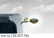 Security and danger conceptual visual metaphor as a business symbol for safety during stressful times or early challenges for a startup as a branch hanging over a water fall with fragile nest eggs in a 3D illustration style. Стоковое фото, агентство Ingram Publishing / Фотобанк Лори