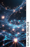 Futuristic neural network with radiant pulsing nodes in a dark digital expanse evoking hightech elegance. Стоковое AI-изображение, AI-художник Андрей Бакусов / Фотобанк Лори