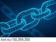 Highresolution digital illustration of an interconnected blockchain chain link structure with glowing blue nodes and gradient background emphasizing connectivity data flow and digital security. Стоковое AI-изображение, AI-художник Андрей Бакусов / Фотобанк Лори