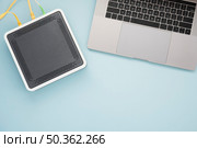 flat lay desk with laptop wireless router. Стоковое фото, агентство Ingram Publishing / Фотобанк Лори