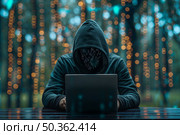 Hacker in hoodie sitting in front of computer monitor with binary code. Хакер в толстовке сидит перед монитором компьютера с двоичным кодом. Стоковое AI-изображение, AI-художник Katsiaryna Repich / Фотобанк Лори