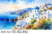 Whitewashed buildings with blue domes on a cliffside, idealized version of Santorini or Aegean islands capturing Mediterranean charm and sunset romance. Стоковое AI-изображение, AI-художник Igor Tichonow / Фотобанк Лори