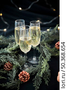 champagne glasses with green branches table. Стоковое фото, агентство Ingram Publishing / Фотобанк Лори