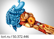 Effects of fast food and symptoms of intestine and colon inflammation causing obesity and pain as intestines being hit hard by unhealthy eating with 3D illustration elements. Стоковое фото, агентство Ingram Publishing / Фотобанк Лори