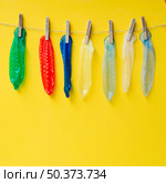 OLYMPUS DIGITAL CAMERA. colourful condoms hanging clothesline. Стоковое фото, агентство Ingram Publishing / Фотобанк Лори