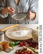 female cook sieving flour wooden board rolling pizza dough. Стоковое фото, агентство Ingram Publishing / Фотобанк Лори