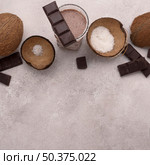 top view chocolate coconut milkshake glass with copy space. Стоковое фото, агентство Ingram Publishing / Фотобанк Лори