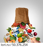 Grocery inflation loss and rising food cost and grocery prices surging costs of supermarket groceries as an inflation financial crisis concept falling out of a paper bag 3D illustration elements. Стоковое фото, агентство Ingram Publishing / Фотобанк Лори