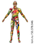 Human body made of fruit and vegetables and eating healthy or vegan and veganism or natural diet lifestyle as a group of fresh ripe fruits and nuts with beans as a symbol for eating green biological natural food. Стоковое фото, агентство Ingram Publishing / Фотобанк Лори