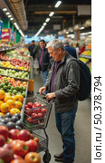 Grocery shoppers selecting fresh produce, bright store lighting highlighting vibrant colors of fruits, shopping carts full of goods. Стоковое AI-видео, аниматор Sergey Grishin / Фотобанк Лори