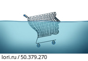 Consumer crisis concept and drowning in debt with a shopping cart shaped as a human head sinking in blue water as a symbol of recession or inflation and economic danger with 3D illustration elements. Стоковое фото, агентство Ingram Publishing / Фотобанк Лори